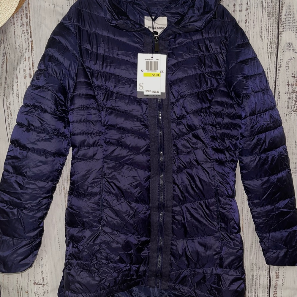 NWT! SWEET LOOK QUILTED PUFFER NAVY WOMENS LONG JACKET SMALL